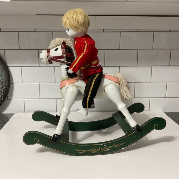 VTG Enesco 1981 Vintage Porcelain Boy Soldier Doll Musical Wooden Rocking Horse - Picture 5 of 13